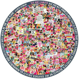 A vibrant circular jigsaw puzzle titled 'Women March!' by Eeboo, showcasing a collage of diverse individuals holding various protest signs related to women's rights and social justice. The colorful design includes phrases like 'My Body, My Choice', 'Black Lives Matter', and 'Diversity is Great', framed by empowering quotes and images that celebrate equality and activism.