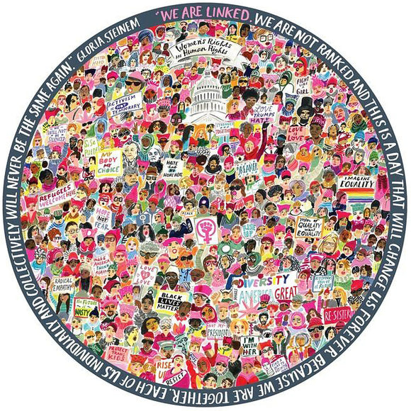 A vibrant circular jigsaw puzzle titled 'Women March!' by Eeboo, showcasing a collage of diverse individuals holding various protest signs related to women's rights and social justice. The colorful design includes phrases like 'My Body, My Choice', 'Black Lives Matter', and 'Diversity is Great', framed by empowering quotes and images that celebrate equality and activism.