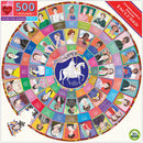 The Votes for Women jigsaw puzzle by Eeboo features a colorful round design showcasing influential women in the suffrage movement. The center depicts a woman on a horse, surrounded by portraits and names of notable activists around the edge, each within vibrant sections. The puzzle includes 500 pieces and comes with an informational poster to educate and inspire.