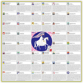 Eeboo's 'Votes for Women' jigsaw puzzle featuring illustrations of prominent figures in the women's suffrage movement. The central image depicts a woman in a flowing white dress riding a horse, holding a banner that reads 'Votes for Women'. Surrounding her are various illustrated profiles of historical activists and advocates, each accompanied by descriptions of their contributions to women's rights.
