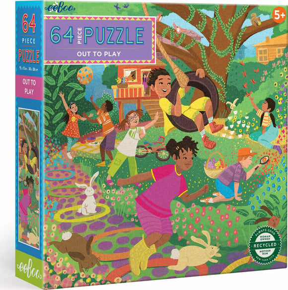 Colorful 64-piece jigsaw puzzle titled 'Out to Play' by Eeboo. The box features a vibrant illustration of children playing outdoors, surrounded by flowers, animals, and a treehouse. Ideal for ages 5 and up, promoting fun and creativity.