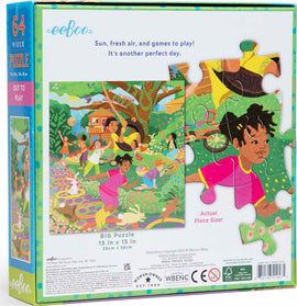 The Eeboo 'Out to Play' jigsaw puzzle features a vibrant illustration of children playing outdoors in a lush garden setting. The colorful design showcases kids enjoying various activities like swinging, playing with a ball, and interacting with animals. The puzzle contains 64 pieces and is perfect for promoting creativity and problem-solving skills. The packaging highlights the puzzle size of 15 x 15 inches and emphasizes that the image on the box is an actual piece size.
