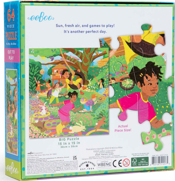 The Eeboo 'Out to Play' jigsaw puzzle features a vibrant illustration of children playing outdoors in a lush garden setting. The colorful design showcases kids enjoying various activities like swinging, playing with a ball, and interacting with animals. The puzzle contains 64 pieces and is perfect for promoting creativity and problem-solving skills. The packaging highlights the puzzle size of 15 x 15 inches and emphasizes that the image on the box is an actual piece size.