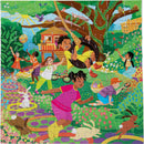 Colorful 64-piece jigsaw puzzle titled 'Out to Play' by Eeboo, depicting children playing joyfully in a vibrant garden filled with flowers, a tire swing, and various animals like rabbits. A picturesque wooden house and lush greenery provide a cheerful backdrop to the lively scene.