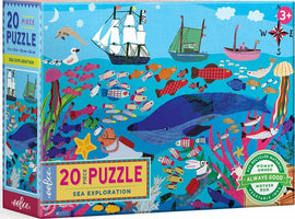 Colorful 20-piece jigsaw puzzle titled 'Sea Exploration' by Eeboo, featuring a vibrant underwater scene with various fish, marine life, and sailing ships. The puzzle is suitable for ages 3 and up and emphasizes themes of ocean adventure and exploration. It also highlights eco-friendly production with 90% recycled materials and uses vegetable inks.