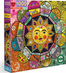 Eeboo's Astrology jigsaw puzzle featuring a colorful circular design representing the zodiac signs. Each segment illustrates a symbol and corresponding traits for signs like Aries, Taurus, and Scorpio, set against a vibrant background with celestial accents. The packaging shows a 1000-piece count, making it perfect for astrology enthusiasts and puzzle lovers alike.
