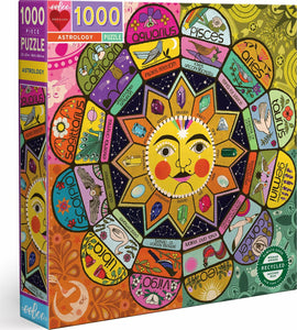 Eeboo's Astrology jigsaw puzzle featuring a colorful circular design representing the zodiac signs. Each segment illustrates a symbol and corresponding traits for signs like Aries, Taurus, and Scorpio, set against a vibrant background with celestial accents. The packaging shows a 1000-piece count, making it perfect for astrology enthusiasts and puzzle lovers alike.