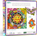 Eeboo Astrology jigsaw puzzle featuring a vibrant design with a celestial theme, showcasing various astrological signs and symbols. The puzzle includes 1000 pieces and measures 23 x 23 inches. An example piece shows an owl design, highlighting the unique artistic style.