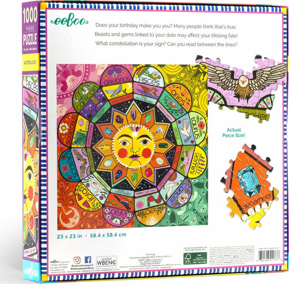 Eeboo Astrology jigsaw puzzle featuring a vibrant design with a celestial theme, showcasing various astrological signs and symbols. The puzzle includes 1000 pieces and measures 23 x 23 inches. An example piece shows an owl design, highlighting the unique artistic style.