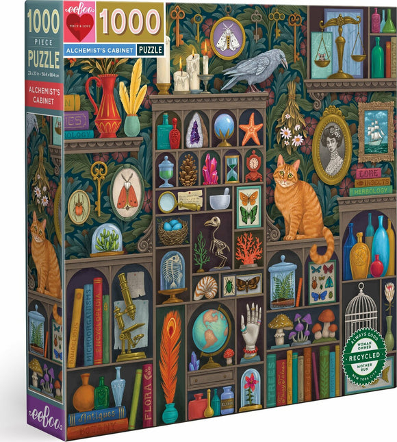The Alchemist's Cabinet jigsaw puzzle by Eeboo features an intricate illustration of a shelf filled with various mystical and natural items. The colorful arrangement includes potion bottles, scientific instruments, framed photographs, a curious orange cat, and various plants and artifacts, all set against a lush green background. This 1000-piece puzzle invites puzzlers to explore a vibrant world of alchemy and curiosity.
