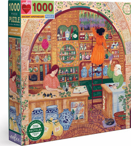 Eeboo's Ancient Apothecary 1000-piece jigsaw puzzle featuring a colorful illustration of a vintage apothecary scene. Two women are depicted interacting in the shop, surrounded by shelves filled with jars, books, and various herbal items. Lively colors and intricate details create a whimsical and nostalgic atmosphere.