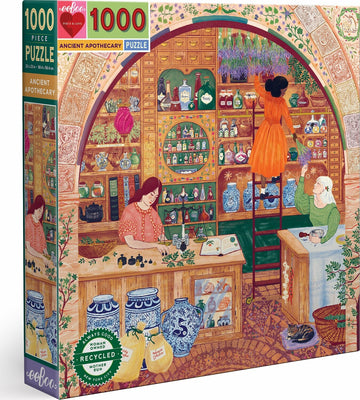 Eeboo's Ancient Apothecary 1000-piece jigsaw puzzle featuring a colorful illustration of a vintage apothecary scene. Two women are depicted interacting in the shop, surrounded by shelves filled with jars, books, and various herbal items. Lively colors and intricate details create a whimsical and nostalgic atmosphere.