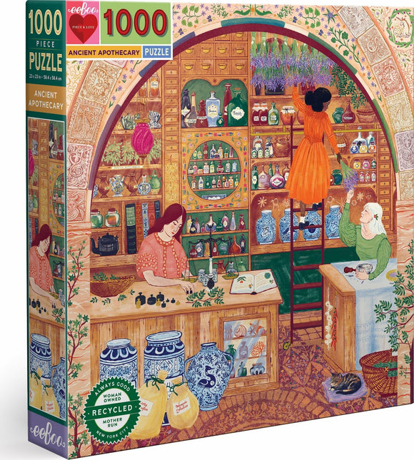 Eeboo's Ancient Apothecary 1000-piece jigsaw puzzle featuring a colorful illustration of a vintage apothecary scene. Two women are depicted interacting in the shop, surrounded by shelves filled with jars, books, and various herbal items. Lively colors and intricate details create a whimsical and nostalgic atmosphere.