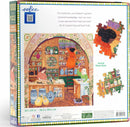 The 'Ancient Apothecary' jigsaw puzzle by Eeboo features a vibrant illustration of an old apothecary filled with herbs, jars, and two characters engaged in herbal remedies. The scene displays shelves brimming with colorful pots and plants, capturing the essence of nature's remedies. The puzzle consists of 1000 pieces, measuring 23 x 23 inches, perfect for family gatherings or solo relaxation.