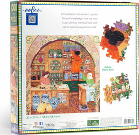 The 'Ancient Apothecary' jigsaw puzzle by Eeboo features a vibrant illustration of an old apothecary filled with herbs, jars, and two characters engaged in herbal remedies. The scene displays shelves brimming with colorful pots and plants, capturing the essence of nature's remedies. The puzzle consists of 1000 pieces, measuring 23 x 23 inches, perfect for family gatherings or solo relaxation.