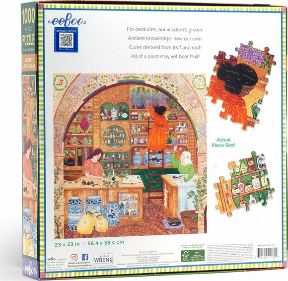 The 'Ancient Apothecary' jigsaw puzzle by Eeboo features a vibrant illustration of an old apothecary filled with herbs, jars, and two characters engaged in herbal remedies. The scene displays shelves brimming with colorful pots and plants, capturing the essence of nature's remedies. The puzzle consists of 1000 pieces, measuring 23 x 23 inches, perfect for family gatherings or solo relaxation.