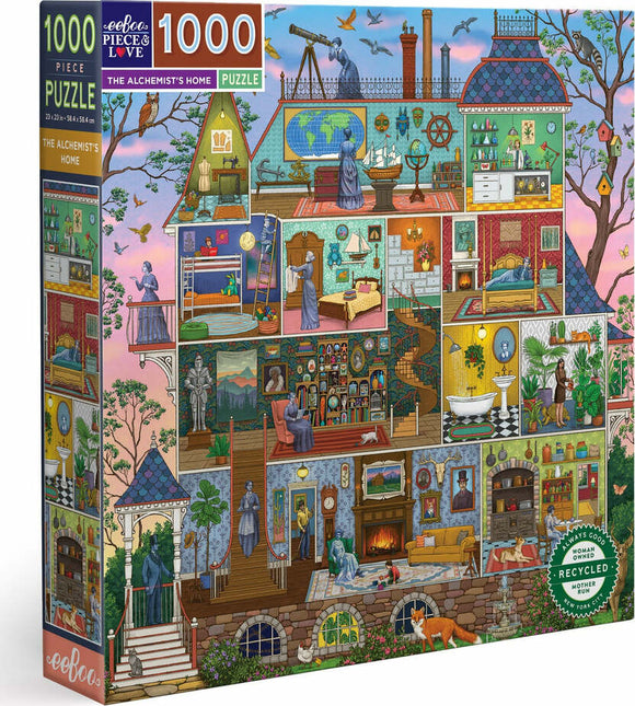The Alchemist's Home puzzle by Eeboo features a colorful illustration of a whimsical house divided into rooms showing various alchemical scenes, including a woman studying with a telescope, potions, a fireplace, bookshelves, and outdoor elements like trees and birds. The artwork is rich in detail, depicting a blend of nature and the mystical world of alchemy, designed for puzzle enthusiasts.
