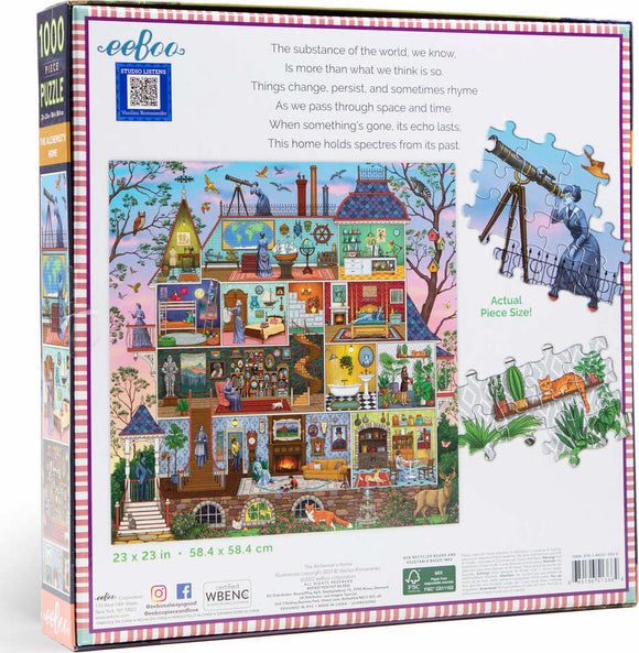 The Alchemist's Home jigsaw puzzle by Eeboo, featuring a colorful, detailed illustration of a magical home filled with various rooms and whimsical elements, showcasing alchemical tools, plants, books, and fantastical decor, designed for puzzle enthusiasts. The back of the box includes the dimensions and an excerpt of a poem about the home.