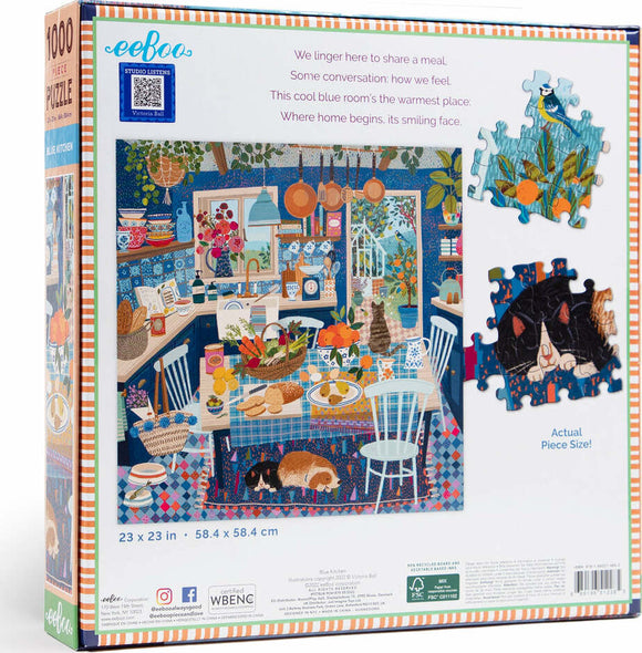 Eeboo Blue Kitchen Jigsaw Puzzle featuring a vibrant illustration of a cozy kitchen, filled with colorful fruits, plants, and cats lounging on the floor. The puzzle consists of 1000 pieces and showcases a warm, inviting culinary space. The box includes an image of the puzzle and highlights actual piece sizes.
