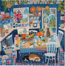 A colorful jigsaw puzzle featuring a cozy and vibrant kitchen scene. The image includes a table abundant with fresh fruits and vegetables, baked goods, and a decorative woven basket. Shelves filled with pottery and culinary tools line the walls, while a window reveals an outdoor garden with greenery. A cat lounges on the patterned floor near the table, enhancing the warm, homey atmosphere.