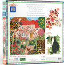 Eeboo's English Cottage jigsaw puzzle featuring a colorful illustration of a charming cottage surrounded by a vibrant garden with flowers, animals, and a greenhouse. The puzzle consists of 1000 pieces and includes a sample image of actual puzzle pieces. The dimensions are 23 x 23 inches (58.4 x 58.4 cm). The back of the box contains a whimsical poem about the garden and the puzzle experience.
