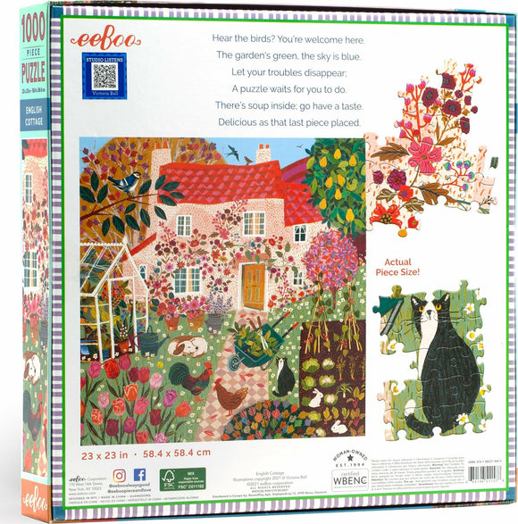 Eeboo's English Cottage jigsaw puzzle featuring a colorful illustration of a charming cottage surrounded by a vibrant garden with flowers, animals, and a greenhouse. The puzzle consists of 1000 pieces and includes a sample image of actual puzzle pieces. The dimensions are 23 x 23 inches (58.4 x 58.4 cm). The back of the box contains a whimsical poem about the garden and the puzzle experience.