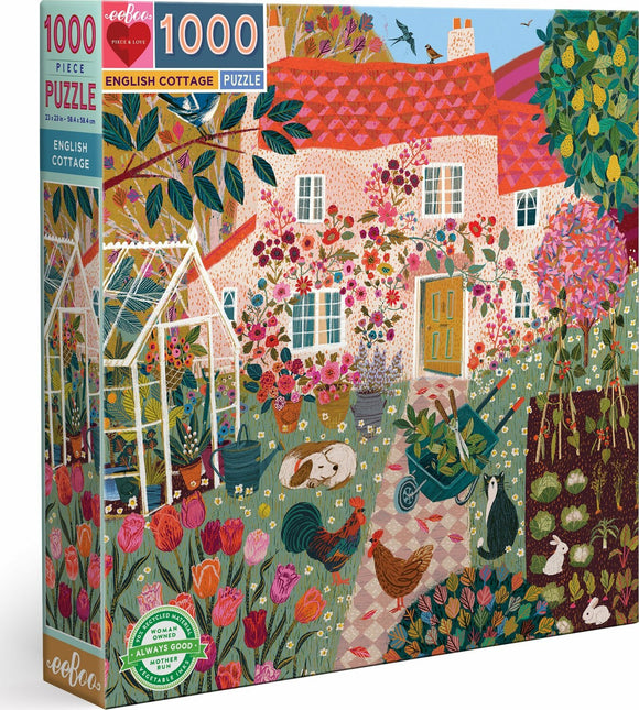 A beautifully illustrated 1000-piece jigsaw puzzle titled 'English Cottage' by Eeboo. The image features a charming cottage surrounded by vibrant flowers, greenery, and animals, including a dog, chickens, and rabbits. This colorful artwork captures the essence of a cozy English garden, making it a delightful challenge for puzzle enthusiasts.
