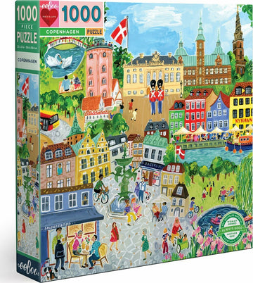 Eeboo Copenhagen jigsaw puzzle featuring a vibrant illustration of the city with colorful buildings, people, and iconic landmarks. The packaging highlights it is a 1000-piece puzzle, ideal for puzzle enthusiasts and lovers of Danish culture.