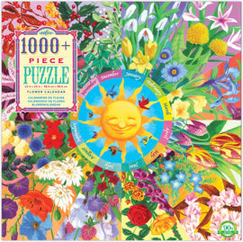 Eeboo Flower Calendar jigsaw puzzle featuring a vibrant collage of colorful flowers representing each month of the year, with a cheerful sun at the center. The puzzle contains over 1000 pieces, measuring 23 x 23 inches. Ideal for nature lovers and puzzle enthusiasts.