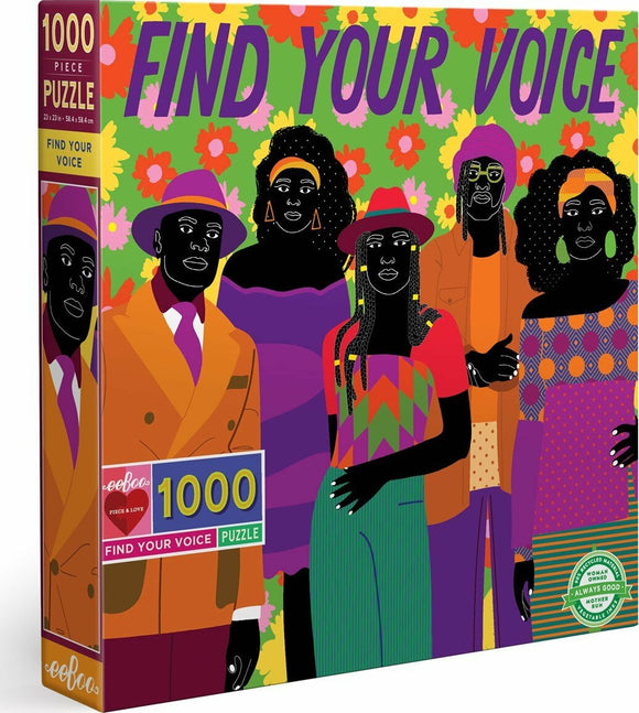 Eeboo's 'Find Your Voice' 1000-piece jigsaw puzzle features vibrant artwork of six diverse figures adorned in colorful clothing against a floral background. This puzzle emphasizes themes of self-expression and cultural representation, making it a perfect blend of fun and artistic creativity.