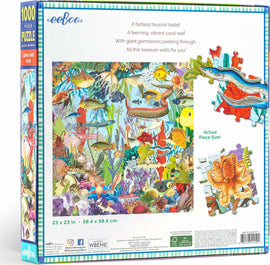 Eeboo Gems and Fish jigsaw puzzle featuring a vibrant, colorful coral reef scene with various fish and giant gemstones. The puzzle has 1000 pieces and includes an example of the actual puzzle piece size on the side. Size dimensions are 23 x 23 inches (58.4 x 58.4 cm).