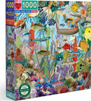 The Eeboo Gems and Fish jigsaw puzzle features a vibrant underwater scene filled with colorful fish, coral reefs, and marine life. The puzzle consists of 1000 pieces, showcasing an array of detailed illustrations, creating an engaging challenge for puzzle enthusiasts.