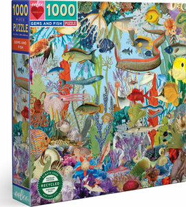 The Eeboo Gems and Fish jigsaw puzzle features a vibrant underwater scene filled with colorful fish, coral reefs, and marine life. The puzzle consists of 1000 pieces, showcasing an array of detailed illustrations, creating an engaging challenge for puzzle enthusiasts.