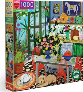 Eeboo's Green Kitchen jigsaw puzzle featuring a vibrant kitchen scene with colorful chairs, a variety of plants, a table with fruit, and playful pets including a cat and dog. It contains 1000 pieces and measures 23 x 23 inches.
