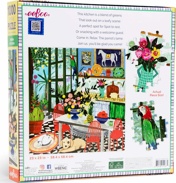 Eeboo Green Kitchen jigsaw puzzle featuring a vibrant kitchen scene filled with colorful flowers, fruits, and playful animals, designed in a blend of greens. The puzzle depicts a cozy atmosphere with decorative items and a cheerful parrot, making it perfect for relaxation and family fun. The box dimensions are 23 x 23 inches.