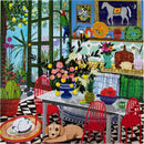 A colorful jigsaw puzzle titled 'Green Kitchen' by Eeboo, depicting a vibrant kitchen scene filled with flowers, fruit, and a playful dog resting on the floor. The puzzle features red chairs, a table adorned with a floral arrangement, and eye-catching details like a parrot and a window view of greenery.