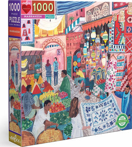 Eeboo's Marrakesh jigsaw puzzle features a vibrant market scene with various stalls displaying fruits, textiles, and colorful lanterns, capturing the essence of Moroccan culture. It's a 1000-piece puzzle that invites hours of engaging activity and creativity.