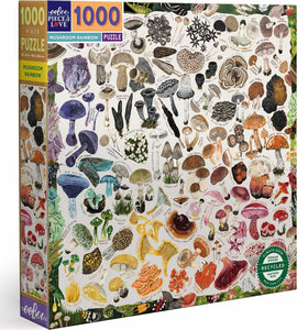 The Mushroom Rainbow jigsaw puzzle by Eeboo features a vibrant collection of various mushrooms and fungi, beautifully illustrated and labeled. The puzzle consists of 1000 pieces and displays a rich array of colors and species, making it a delightful challenge for mushroom enthusiasts and puzzle lovers alike.