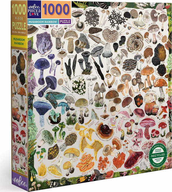 The Mushroom Rainbow jigsaw puzzle by Eeboo features a vibrant collection of various mushrooms and fungi, beautifully illustrated and labeled. The puzzle consists of 1000 pieces and displays a rich array of colors and species, making it a delightful challenge for mushroom enthusiasts and puzzle lovers alike.