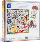 Eeboo Mushroom Rainbow jigsaw puzzle featuring a colorful assortment of mushrooms and fungi in intricate illustrations. The puzzle contains 1000 pieces and measures 23 x 23 inches. The design showcases various mushroom types, including vibrant red and spotted varieties, along with artistic details capturing the essence of nature's beauty.