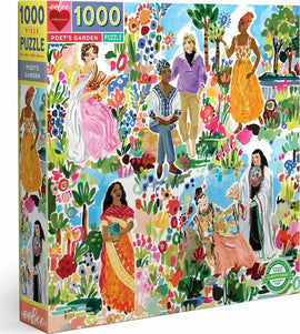 A colorful 1000-piece jigsaw puzzle titled 'Poet's Garden' by Eeboo. The puzzle features a vibrant scene filled with diverse characters and lush floral designs, showcasing women in decorative clothing amidst a garden setting. The box displays the design artistically, emphasizing joy and creativity.