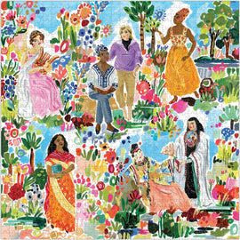 The Poets Garden jigsaw puzzle by Eeboo features a vibrant and colorful illustration of various figures amidst a lush garden filled with flowers and greenery. The design showcases diverse characters in traditional attire, celebrating art and nature. Perfect for puzzle enthusiasts and lovers of inclusive artwork.