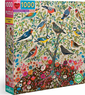 Eeboo Songbirds Tree jigsaw puzzle featuring vibrant illustrations of various songbirds perched among lush foliage and colorful flowers. The puzzle contains 1000 pieces and is packaged in a beautifully designed box that showcases the artwork on the front.