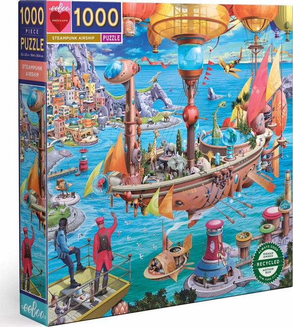 The Eeboo Steampunk Airship jigsaw puzzle features a whimsical scene of colorful airships sailing over a vibrant landscape filled with animals, fantastical structures, and a lively atmosphere. The puzzle consists of 1000 pieces and is presented in an eye-catching box with illustrations from the puzzle itself.