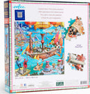 Eeboo Steampunk Airship jigsaw puzzle featuring a vibrant scene of an airship surrounded by whimsical elements like hot air balloons, sailors, and colorful buildings by the seaside. The puzzle contains 1000 pieces and includes an illustration of the actual piece size. The back of the box has playful artwork and a poetic description inviting imagination and creativity.