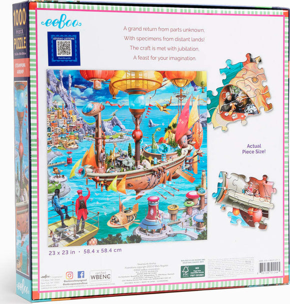 Eeboo Steampunk Airship jigsaw puzzle featuring a vibrant scene of an airship surrounded by whimsical elements like hot air balloons, sailors, and colorful buildings by the seaside. The puzzle contains 1000 pieces and includes an illustration of the actual piece size. The back of the box has playful artwork and a poetic description inviting imagination and creativity.