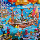 A vibrant and intricate jigsaw puzzle featuring a Steampunk airship sailing over a colorful sea. The scene includes various whimsical elements such as hot air balloons, a coastal city, animals, and flying machines, all set in a fantastical landscape rich in detail.