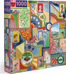The UFO Victorian Ladies jigsaw puzzle by Eeboo features a colorful collage of Victorian-era illustrations, including portraits of women, floral designs, and whimsical UFO elements. The puzzle contains 1000 pieces and comes in a recyclable box, showcasing artful design and vibrant colors that engage puzzle enthusiasts and collectors alike.
