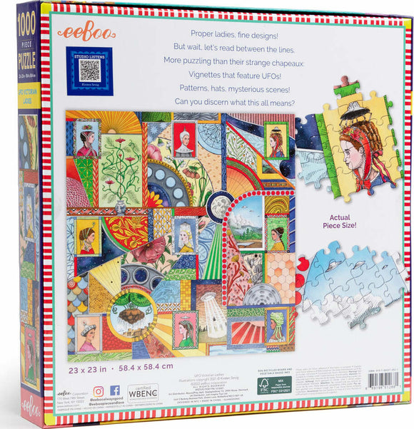 The back of Eeboo's UFO Victorian Ladies jigsaw puzzle box features an intricate collage of illustrations depicting Victorian ladies, UFOs, various patterns, and mysterious scenes. The vibrant colors and decorative borders highlight the whimsical design. The box dimensions are 23 x 23 inches, and there's a close-up image showing actual puzzle piece size.
