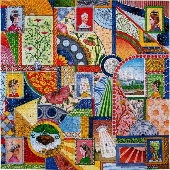A colorful jigsaw puzzle featuring Victorian-themed art, with intricate patterns, portraits of women, flowers, and whimsical designs. The vibrant pieces include a UFO motif, historical illustrations, and vivid colors, making it an engaging puzzle for adults and children alike.